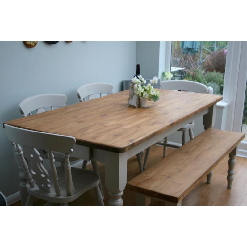 STUNNING, PINE, SHABBY CHIC, 6 ft FARMHOUSE TABLE, 4 CHAIRS & BENCH, painted F & B paint