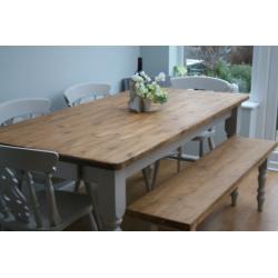 STUNNING, PINE, SHABBY CHIC, 6 ft FARMHOUSE TABLE, 4 CHAIRS & BENCH, painted F & B paint