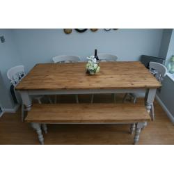 STUNNING, PINE, SHABBY CHIC, 6 ft FARMHOUSE TABLE, 4 CHAIRS & BENCH, painted F & B paint