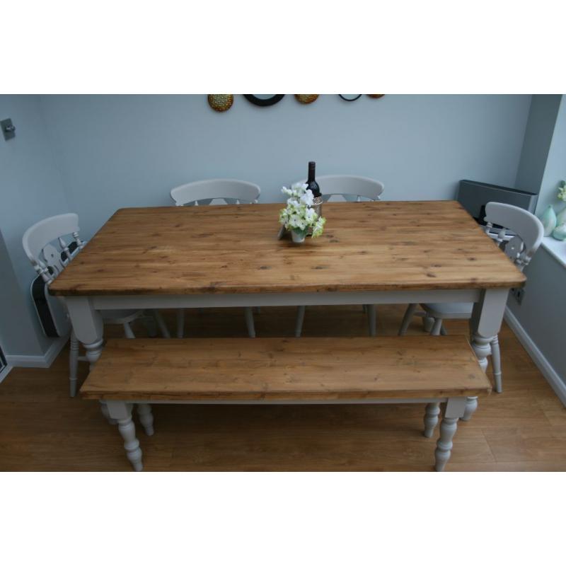 STUNNING, PINE, SHABBY CHIC, 6 ft FARMHOUSE TABLE, 4 CHAIRS & BENCH, painted F & B paint