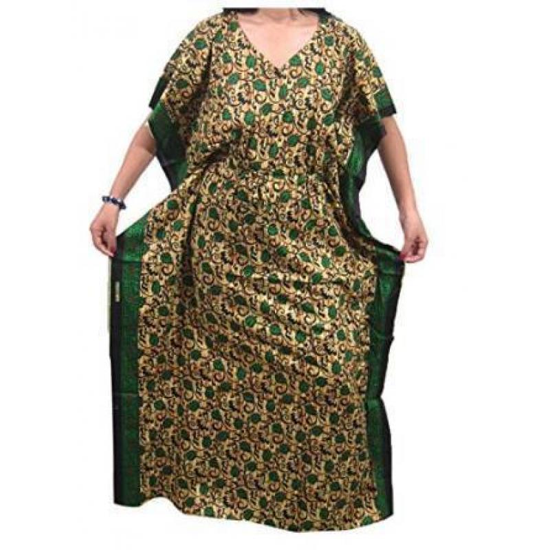 Mogul Interior Women's Kaftan Green Leaf Print Bohemian Moroccan Hippie Sleepwear XXL