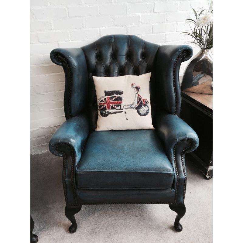 Beautiful blue leather Chesterfield Queen Anne wingback armchairs. Can deliver