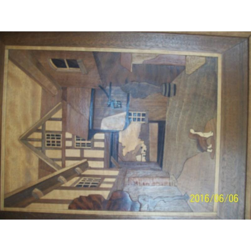 MARQUETRY PICTURE SIZE 34 CM WIDE BY 44 CM HIGH IN VERY GOOD CONDITION READY TO HANG