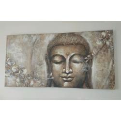 Lovely large handpainted Buddha art, gold, cream, brown picture and candle holders