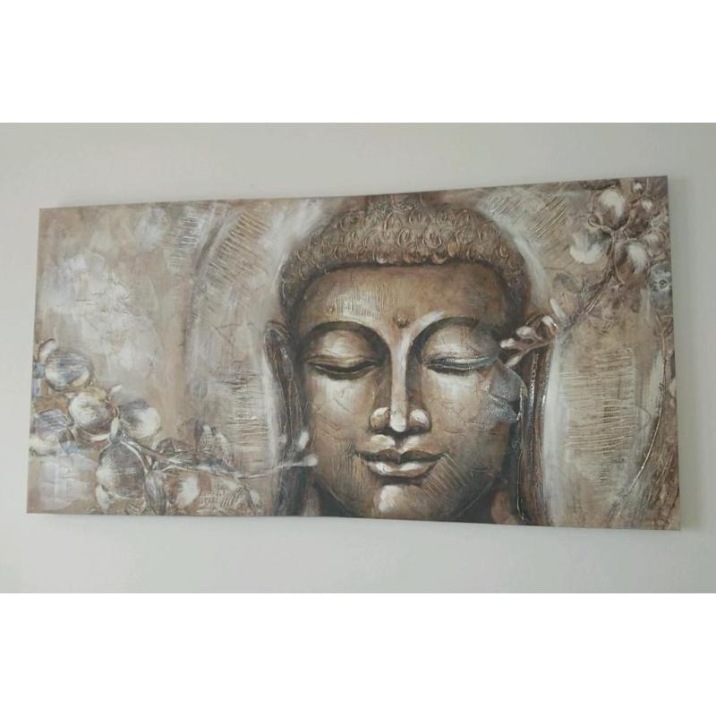 Lovely large handpainted Buddha art, gold, cream, brown picture and candle holders
