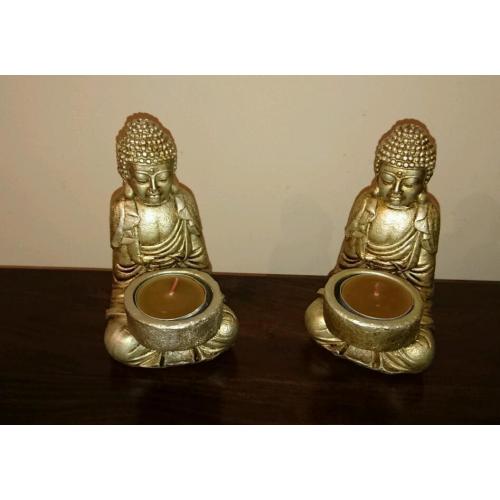 Lovely large handpainted Buddha art, gold, cream, brown picture and candle holders