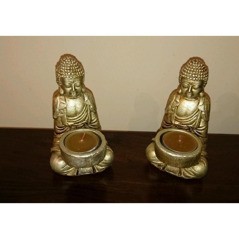 Lovely large handpainted Buddha art, gold, cream, brown picture and candle holders