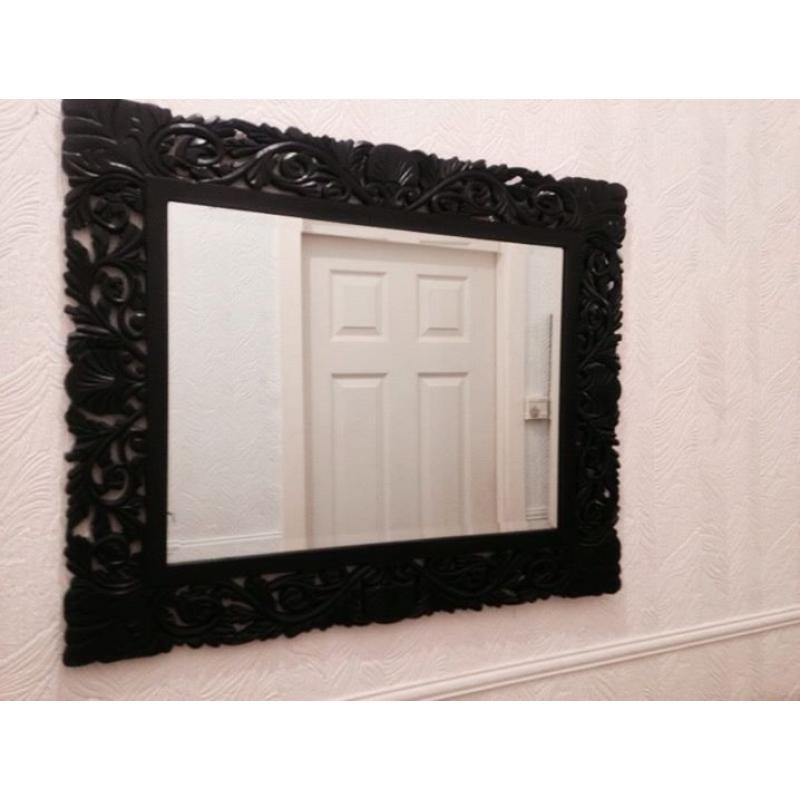 hand carved wood black framed mirror