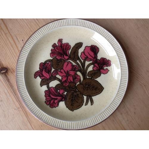 6 Retro Poole Pottery tea plates in Cyclamen pattern on Broadstone