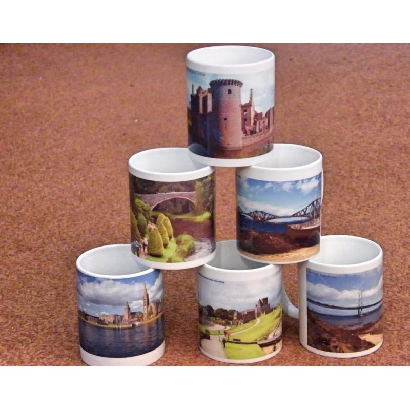 Six 11oz ceramic tea or coffee mugs printed with photographs of Scottish tourist attractions.