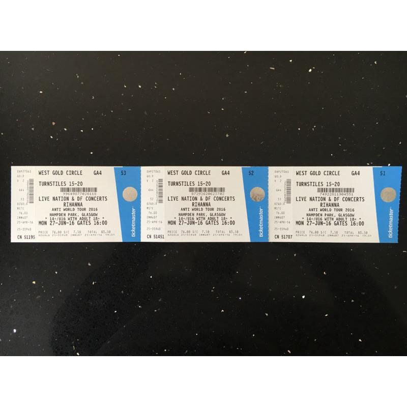 Rihanna - 3 tickets - Gold Circle Standing Early Entry - Hampden Park 27 June