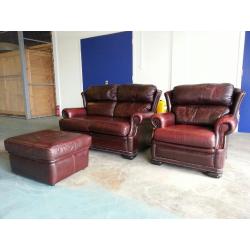 RED / BURGUNDY LEATHER SET 2 SEATER SOFA SUITE SETTEE ARMCHAIR & FOOTSTOOL CHESTERFIELD STYLE