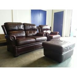 RED / BURGUNDY LEATHER SET 2 SEATER SOFA SUITE SETTEE ARMCHAIR & FOOTSTOOL CHESTERFIELD STYLE