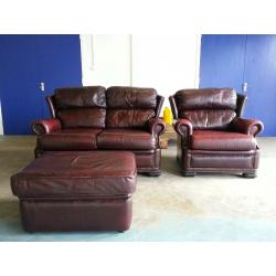 RED / BURGUNDY LEATHER SET 2 SEATER SOFA SUITE SETTEE ARMCHAIR & FOOTSTOOL CHESTERFIELD STYLE