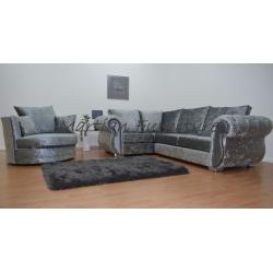 BRAND NEW WINDSOR CORNER SOFA UNIT + CUDDLE CHAIR SILVER CRUSHED VELVET - FAST FREE U.K DELIVERY