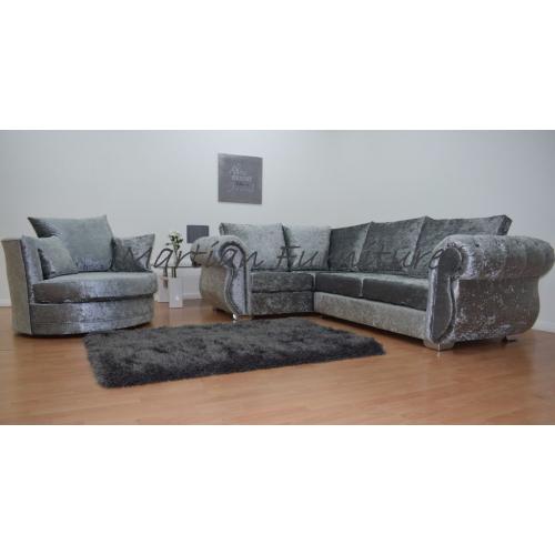 BRAND NEW WINDSOR CORNER SOFA UNIT + CUDDLE CHAIR SILVER CRUSHED VELVET - FAST FREE U.K DELIVERY