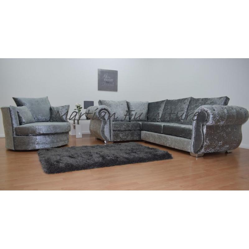 BRAND NEW WINDSOR CORNER SOFA UNIT + CUDDLE CHAIR SILVER CRUSHED VELVET - FAST FREE U.K DELIVERY