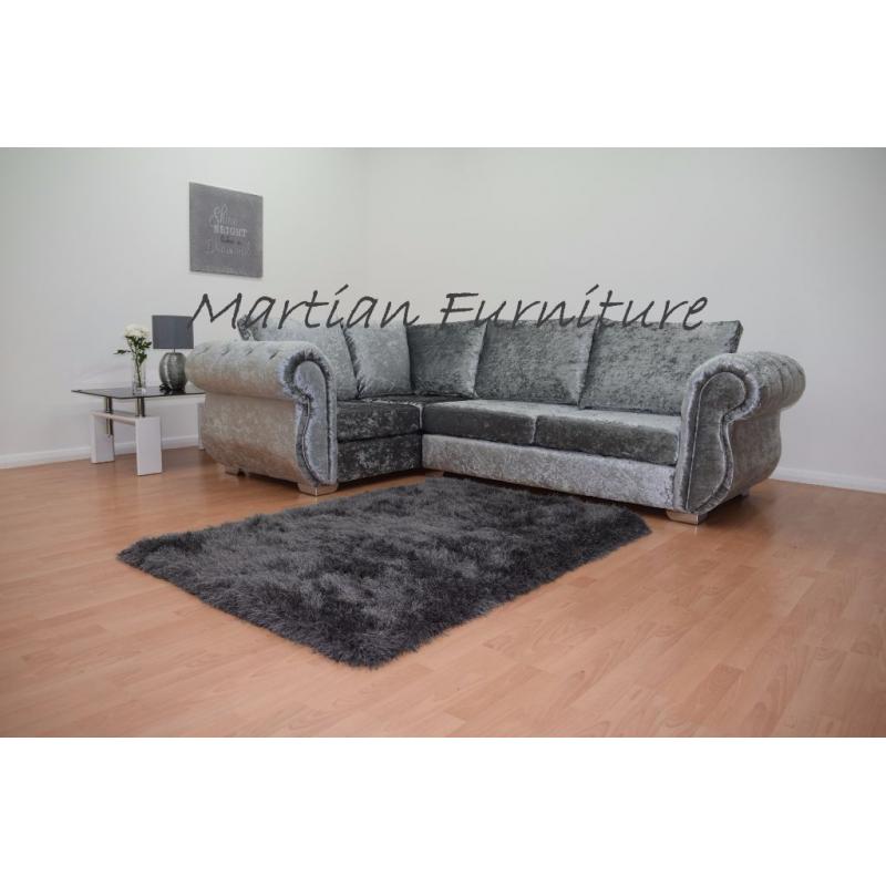 BRAND NEW WINDSOR CORNER SOFA UNIT + CUDDLE CHAIR SILVER CRUSHED VELVET - FAST FREE U.K DELIVERY