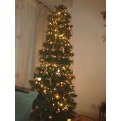 Slimline Artificial Christmas Tree, artificial wreath, various lights and decorations