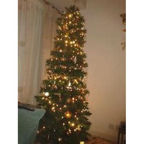 Slimline Artificial Christmas Tree, artificial wreath, various lights and decorations