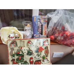 Slimline Artificial Christmas Tree, artificial wreath, various lights and decorations