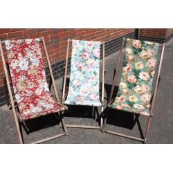 Vintage Deckchairs. Covered in Sanderson Floral Fabric. Ex-council beach deckchairs.