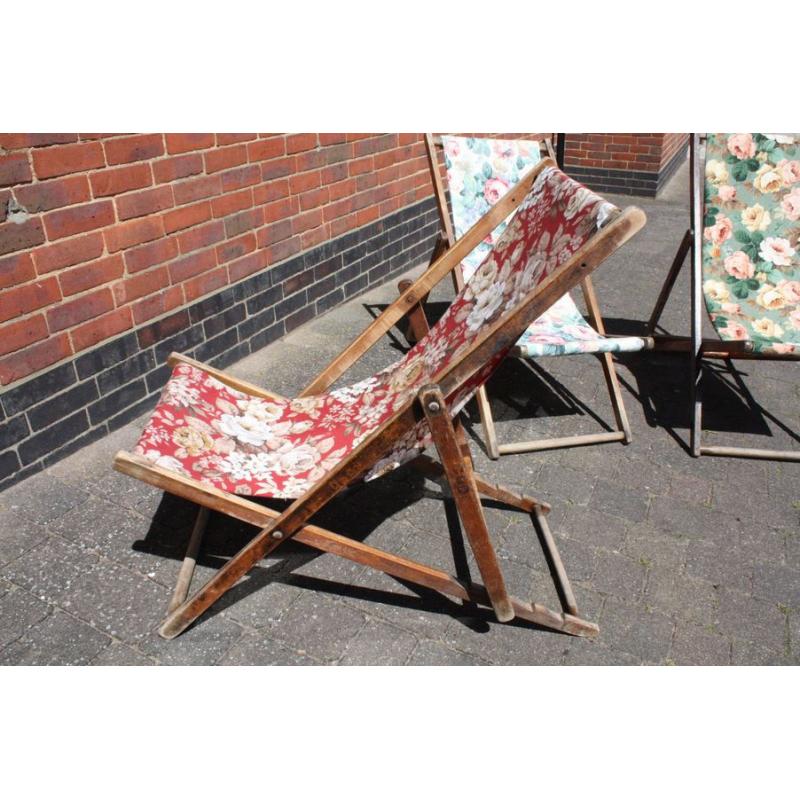 Vintage Deckchairs. Covered in Sanderson Floral Fabric. Ex-council beach deckchairs.