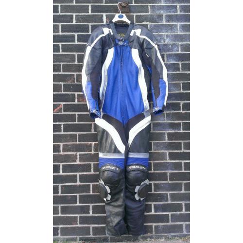 FRANK THOMAS ONE PIECE MOTORBIKE LEATHERS, BLACK WITH BLUE TRIM, SIZE UK 42
