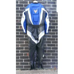 FRANK THOMAS ONE PIECE MOTORBIKE LEATHERS, BLACK WITH BLUE TRIM, SIZE UK 42