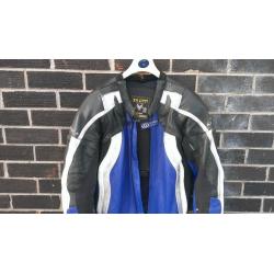 FRANK THOMAS ONE PIECE MOTORBIKE LEATHERS, BLACK WITH BLUE TRIM, SIZE UK 42