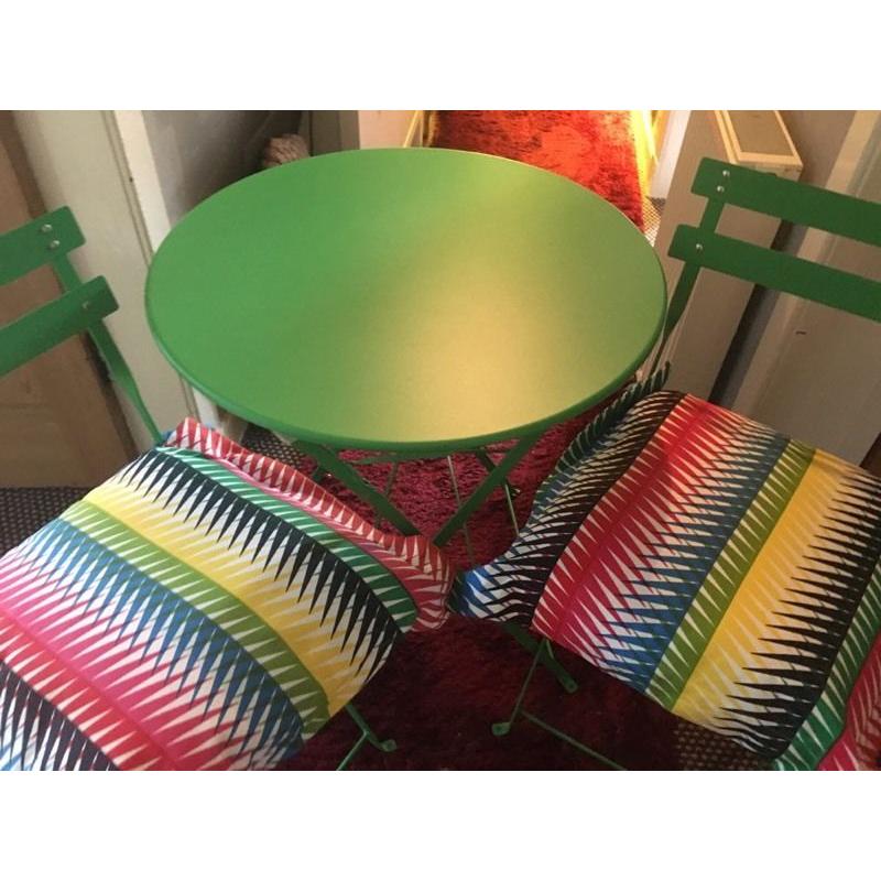 bistro table with 2 chairs and 2 cushions for sale