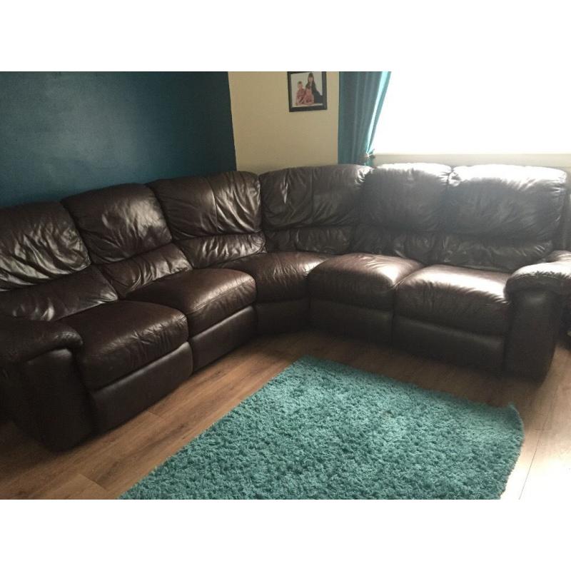 Brown leather corner recliner couch