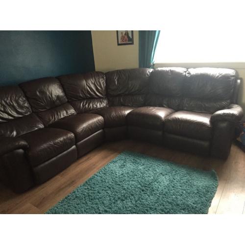 Brown leather corner recliner couch