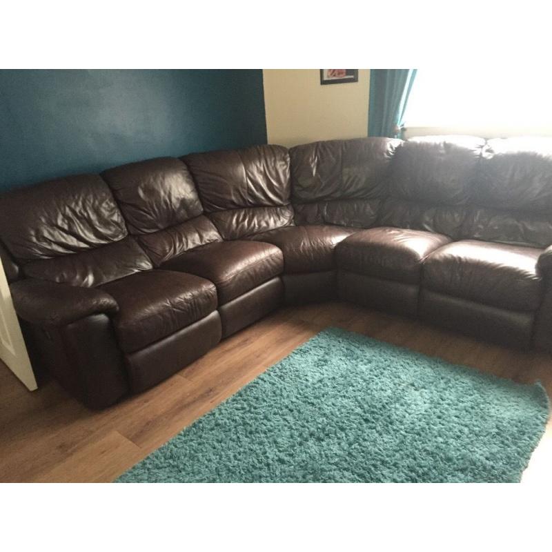Brown leather corner recliner couch