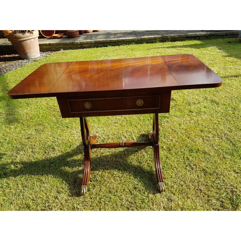 ELEGANT MAHOGANY SOFA TABLE, 2 DROP FLAPS & DRAWER, BRASS CLAW FEET, EXCELLENT CONDITION, 15" X 29"