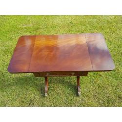 ELEGANT MAHOGANY SOFA TABLE, 2 DROP FLAPS & DRAWER, BRASS CLAW FEET, EXCELLENT CONDITION, 15" X 29"