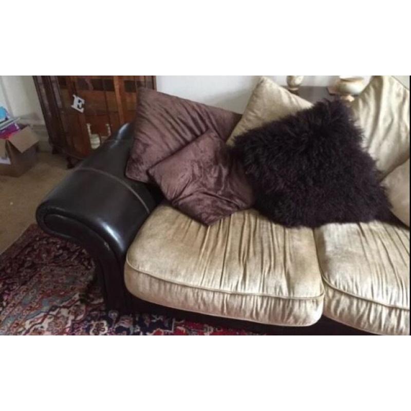 A Large Dark Brown DFS Leather Sofa / Settee with various cushions