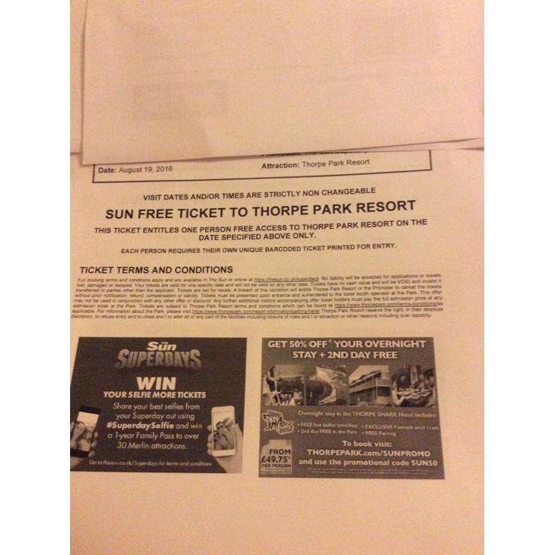 2 tickets for Thorpe Park 19 August