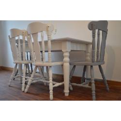 Shabby Chic Solid Pine Dining Table & 4 Solid Wood Chairs White & Grey