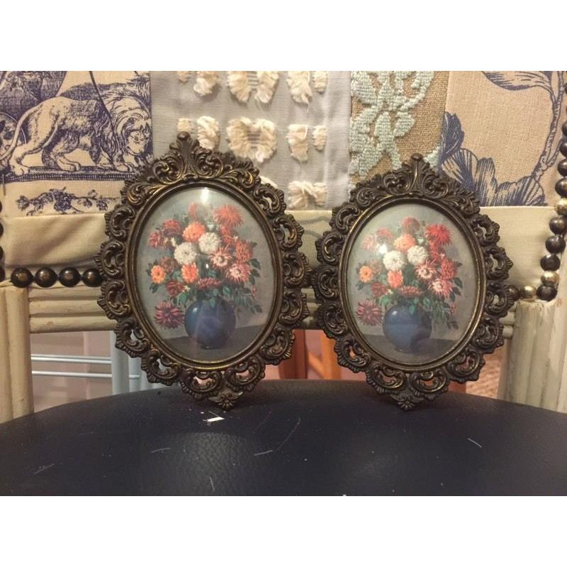 Antique vintage small metal frames oil paintings