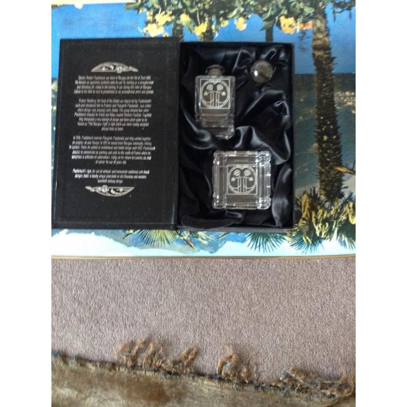 RENNIE MACKINTOSH CRYSTAL 2-PIECE DRESSING TABLE SET IN PRESENTATION BOX NEVER USED
