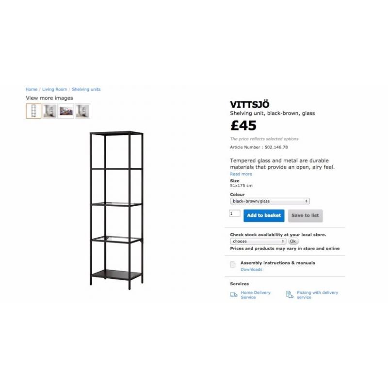 Heavily discounted LIKE NEW Ikea Vittsjo shelving unit, black-brown, glass