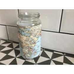 Handmade map print fabric covered large jam jar vases centre pieces vintage wedding X 9