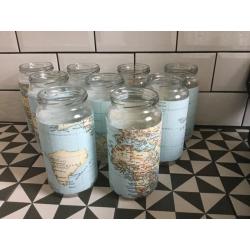 Handmade map print fabric covered large jam jar vases centre pieces vintage wedding X 9