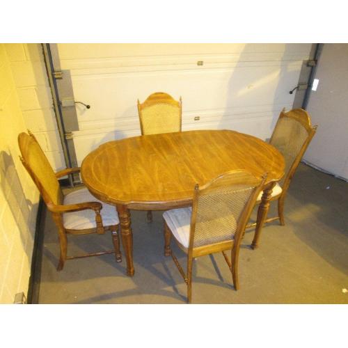 DINING TABLE WITH FOUR 4 MATCHING CANE BACKED DINING CHAIRS (ONE IS CARVER CHAIR) FREE DELIVERY