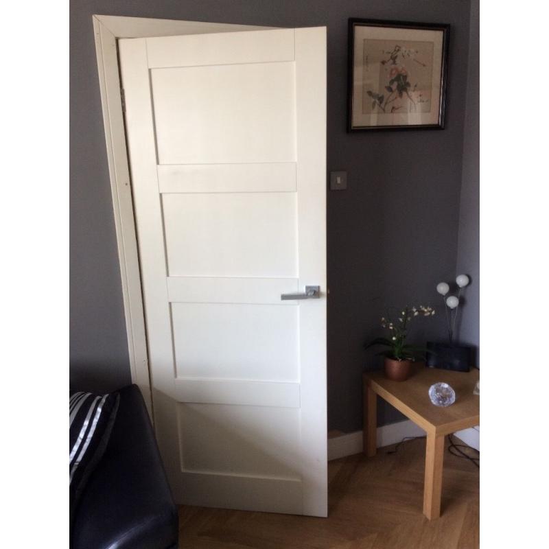3 internal doors, 2 X 4 panelled and 1 X glass panelled - no handles or hinges