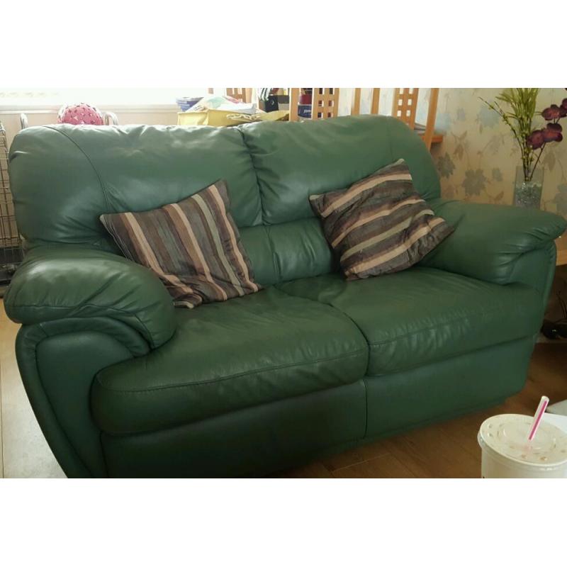 2 and 3 seater dark green leather sofas