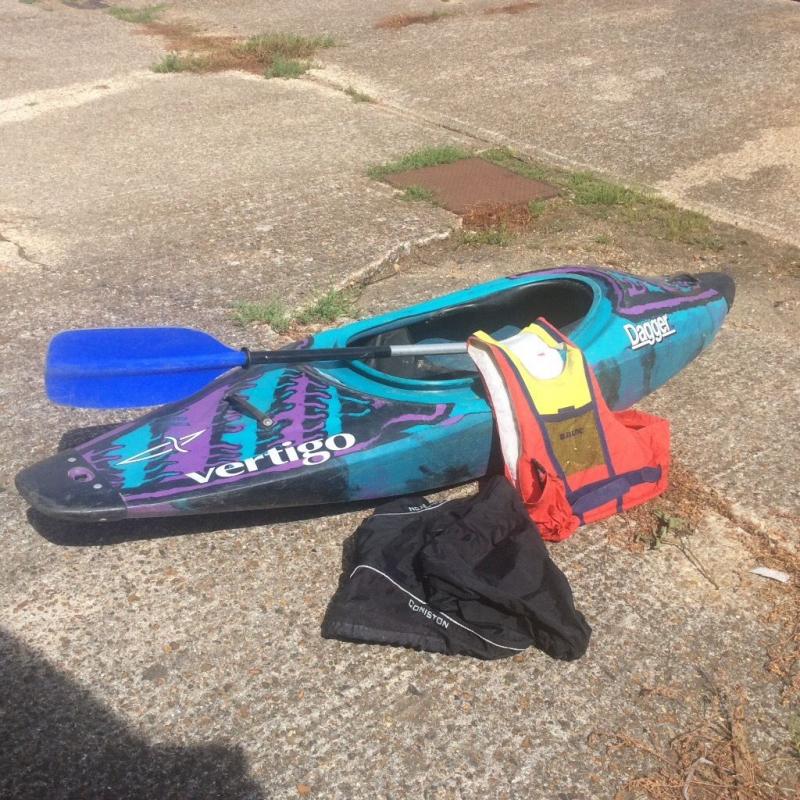 Kayak with skirt/paddle and buoyancy jacket. River or sea use.