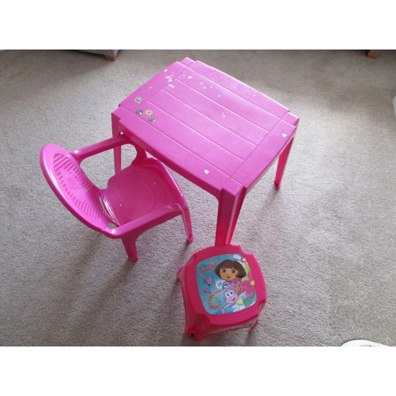 Childs pink plastic and chair and stool