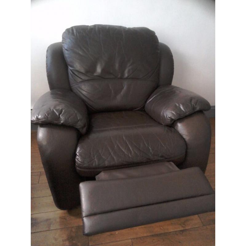 Three seater reclining brown leather sofa and armchair